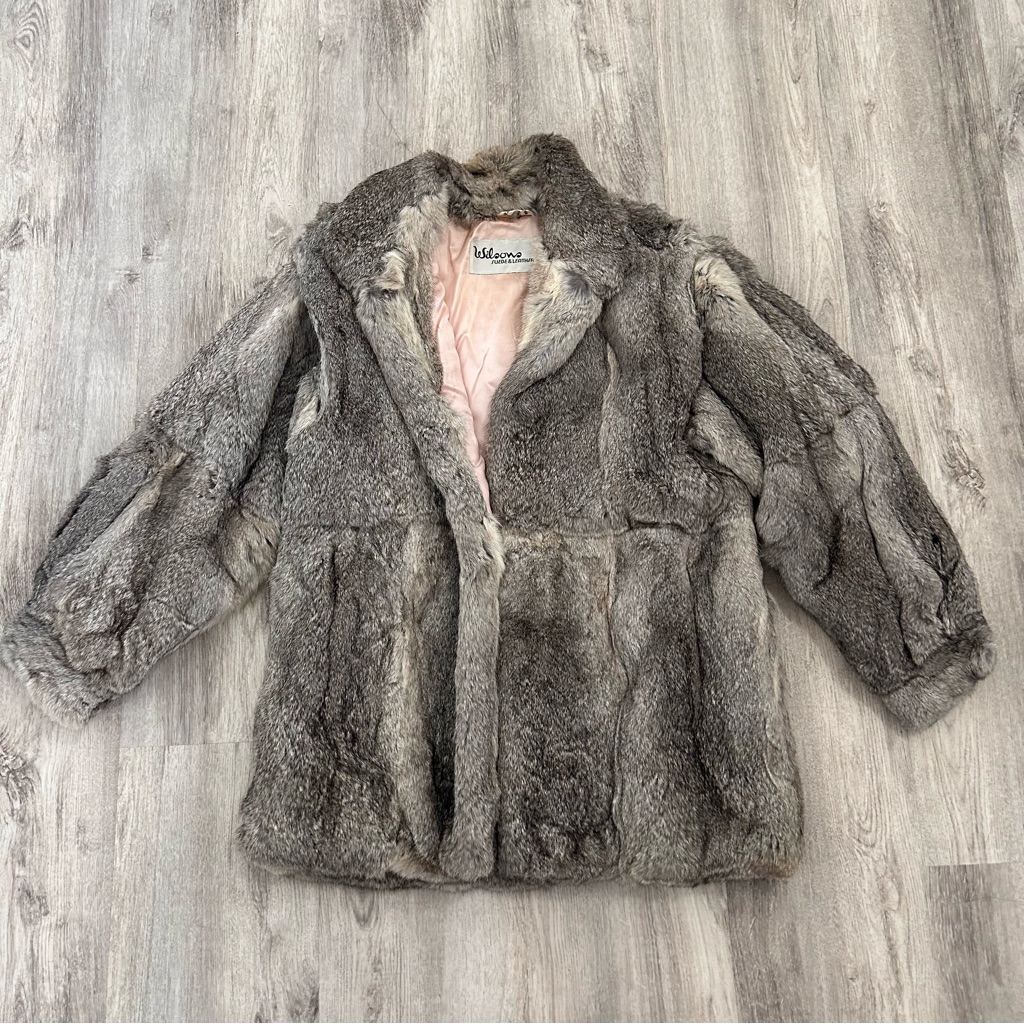 Vtg Wilsons Leather Rabbit Fur Coat Women's L Gray Pink Liner Luxury Mob Wives